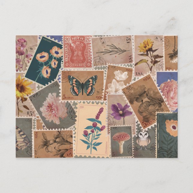Vintage Postal Flowers and Nature Stamps Collage Postcard (Front)