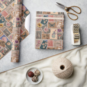 Vintage Postal Flowers and Nature Stamps Collage Wrapping Paper