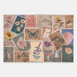 Vintage Postal Flowers and Nature Stamps Collage Wrapping Paper Sheet