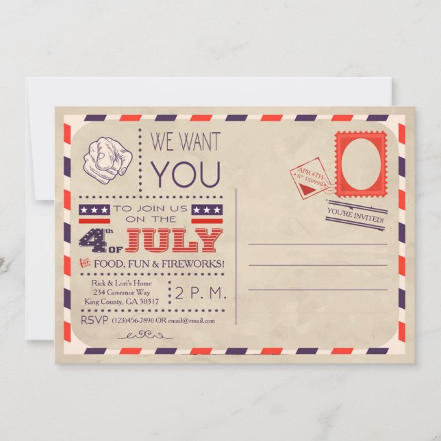 Vintage Postcard 4th of July Invitation (Front)
