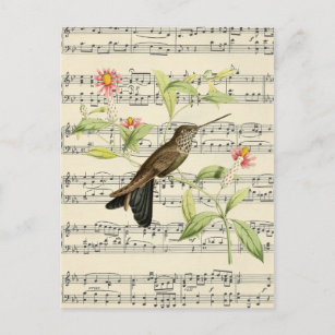 vintage postcard botanical hummingbird music