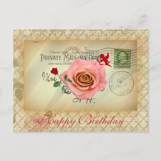 Vintage Postcard Collage Pink Roses and Cupid (Front)