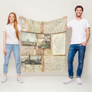 Vintage Postcard Collage with European Letters Fleece Blanket