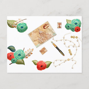 Vintage Postcard Flower Pearl Pen Stamps