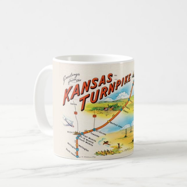 Vintage Postcard Map of Kansas the Turnpike Mug (Front Left)
