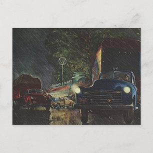 Vintage Postcard Retro Rainy Night Roadside Diner