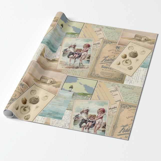Vintage Postcard Seaside Beach Collage Wrapping Paper (Unrolled)