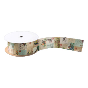 Vintage Postcard Watercolor Birds Post Ribbon Wrap Satin Ribbon