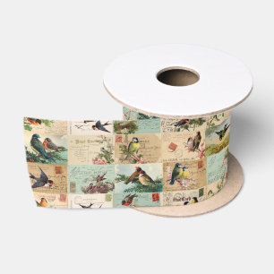 Vintage Postcard Watercolor Birds Post Ribbon Wrap Satin Ribbon