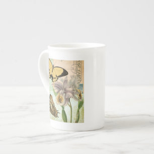 Vintage Postcard with Butterflies and Flowers Bone China Mug