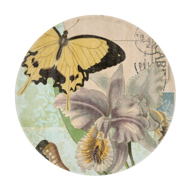 Vintage Postcard with Butterflies and Flowers Cutting Board (Front)
