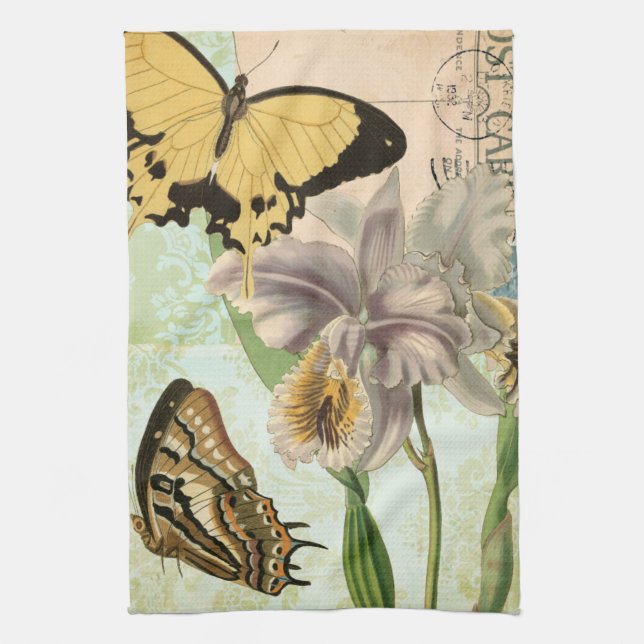Vintage Postcard with Butterflies and Flowers Kitchen Towel (Vertical)