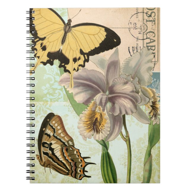 Vintage Postcard with Butterflies and Flowers Notebook (Front)