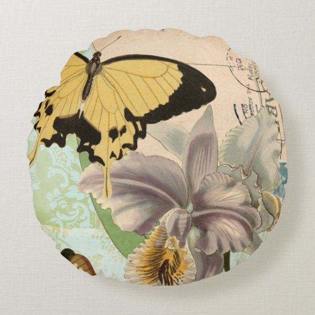 Vintage Postcard with Butterflies and Flowers Round Pillow (Front)