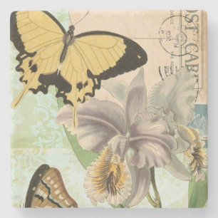 Vintage Postcard with Butterflies and Flowers Stone Coaster