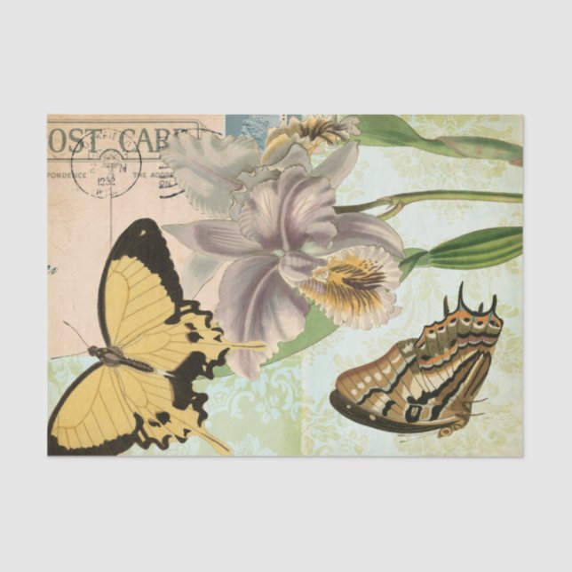 Vintage Postcard with Butterflies and Flowers Tissue Paper (Front)