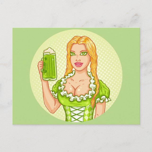 Vintage postcard with girl and beer (Front)