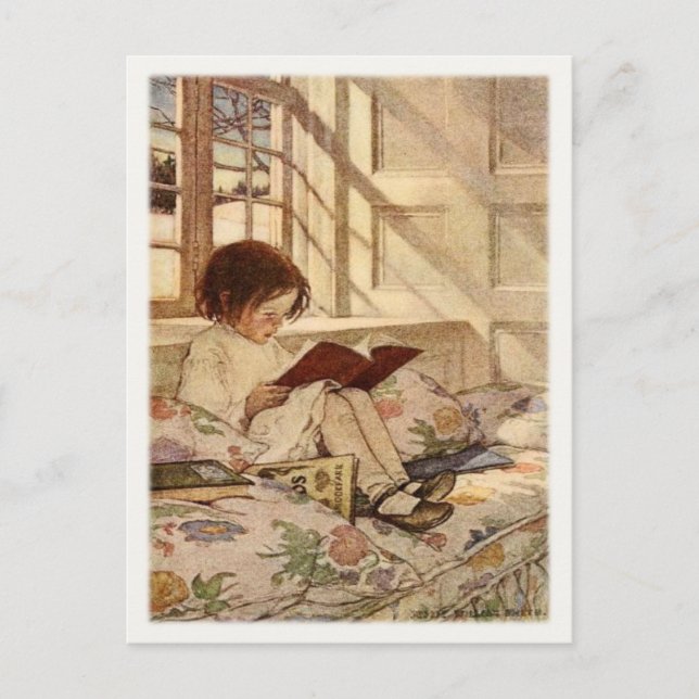 Vintage Postcard with Sweet Girl Reading (Front)