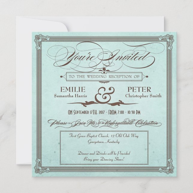 Vintage Poster Blue & Brown Reception Only Invitation (Front)