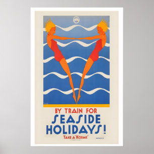 Vintage Poster By Train for Seaside Holidays