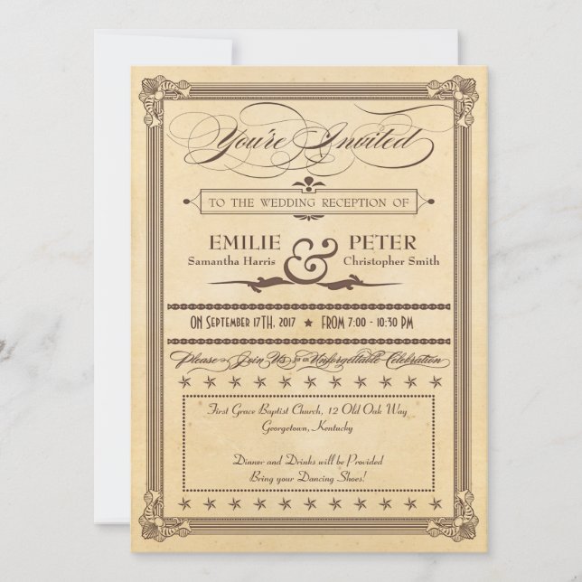 Vintage Poster Cream, Brown Reception Only Wedding (Front)