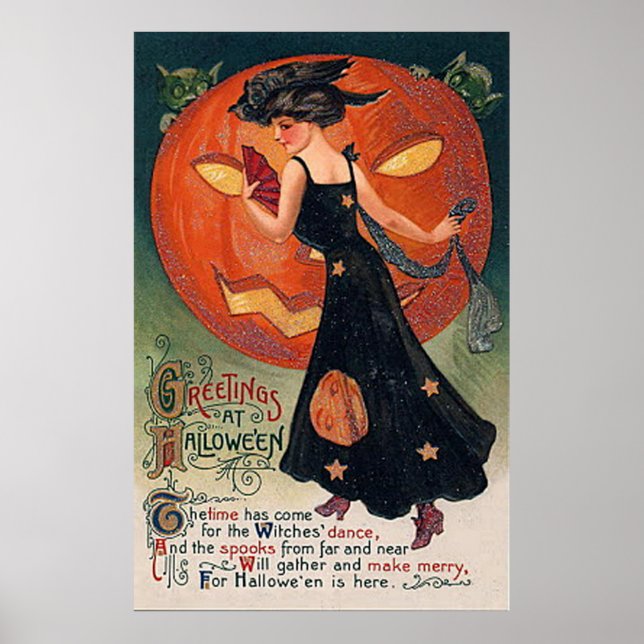 Vintage Poster Halloween Witch & Pumpkin (Front)