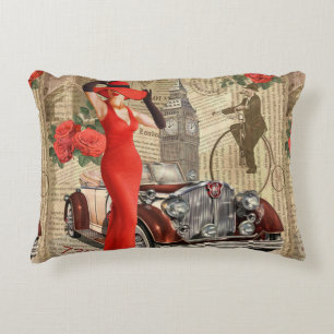 Vintage poster London torn newspaper background. Accent Pillow