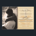 Vintage Poster Orange & Brown Photo Save the Date<br><div class="desc">This beautiful, light cream 5"x7" wedding save the date announcement can be customized with your own engagement photo. With chocolate brown and pumpkin spice orange text, it has a vintage, old fashioned feel with old-timey letter design, including elaborate script elements, a decorative banner, stars and a swirly ampersand. The fancy...</div>