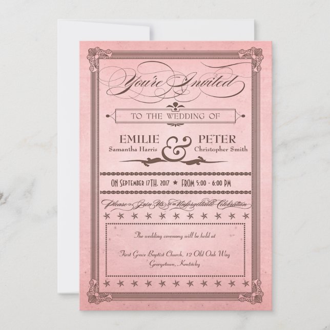 Vintage Poster Pink & Brown Wedding & Reception Invitation (Front)