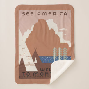 Vintage Poster Promoting Travel To Montana. 2 Sherpa Blanket