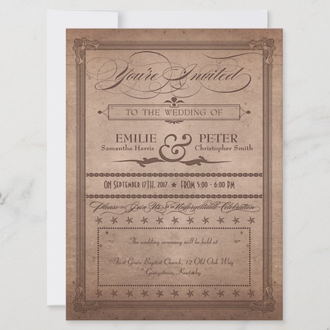 Vintage Poster Rustic Cocoa Wedding & Reception Invitation (Front)