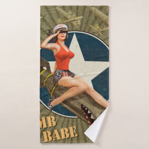 Vintage poster with pin-up girl on bomb. abstract, bath towel