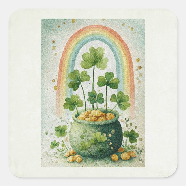 Vintage Pot of Gold and Rainbow Square Sticker (Front)