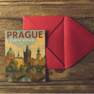 Vintage Prague Czech Republic Travel Illustration Postcard