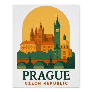 Vintage Prague Czech Republic Travel Retro Poster 