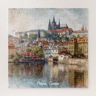 Vintage Prague Czechia City Painting Jigsaw Puzzle