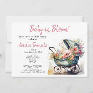 Vintage Pram Baby in Bloom Baby Shower Invitation