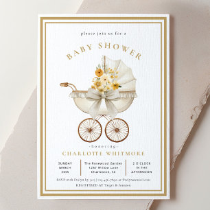 Vintage Pram Baby Shower   Ivory & Golden Florals Invitation