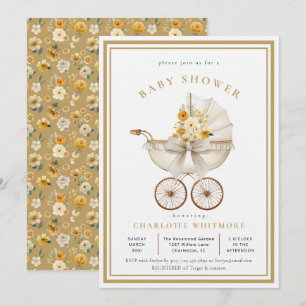 Vintage Pram Baby Shower   Ivory & Golden Florals Invitation