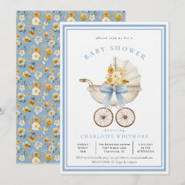 Vintage Pram Baby Shower  Sky Blue & Golden Floral Invitation