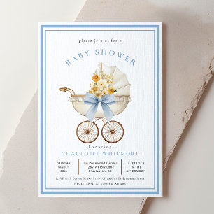 Vintage Pram Baby Shower Sky Blue & Golden Floral Invitation