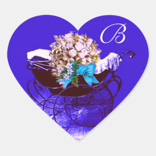 VINTAGE PRAM, FLOWERS BABY SHOWER HEART MONOGRAM STICKER