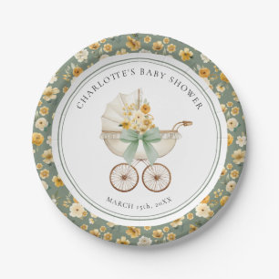Vintage Pram Sage Green Floral Baby Shower Plate