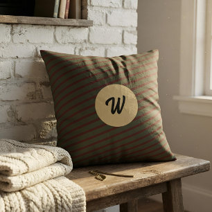 Vintage Preppy Sage Green & Red Stripes Monogram Throw Pillow