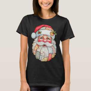Vintage Preppy Santa Claus Face Patchwork Christma T-Shirt
