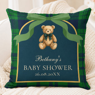 Vintage Preppy Teddy Bear Green Plaid Nursery Throw Pillow