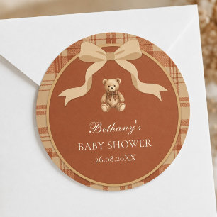 Vintage Preppy Teddy Bear Plaid Baby Shower Classic Round Sticker