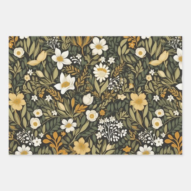 Vintage Pressed Flower Moody Wrapping Paper Sheet (Front)