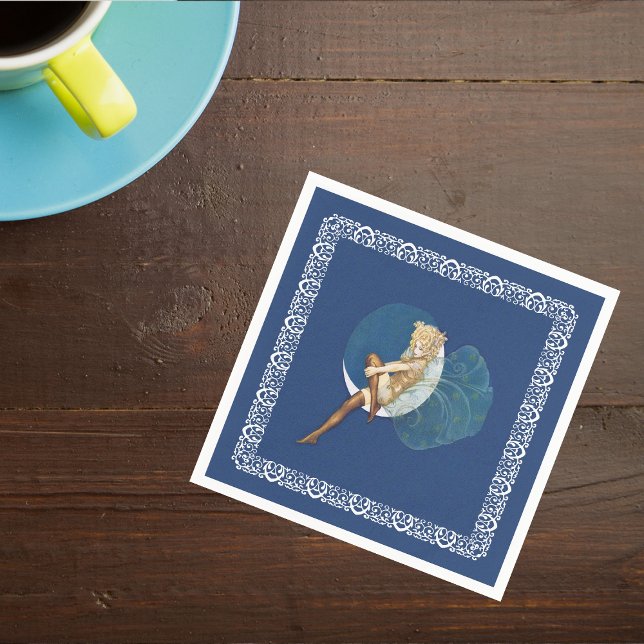 Vintage Pretty Blue Fairy Stockings Blue Moon Napkin (Blond pretty fairy in silk stockings sitting on moon fancy white border on dark blue napkins.)