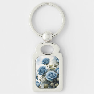 Vintage pretty Blue Roses watercolor painting Keychain